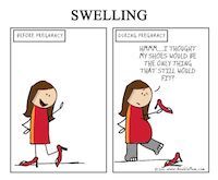 Meme regarding swelling. It shows a before and after pregnant woman saying "Ummm...I thought my shoes would be only thing that still would fit?"