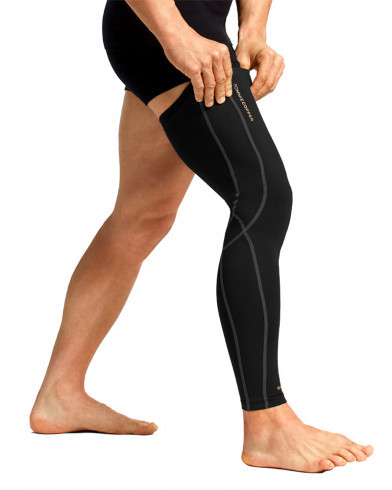 Man wearing one compression leg sleeves that are over the knee for knee support and blood flow