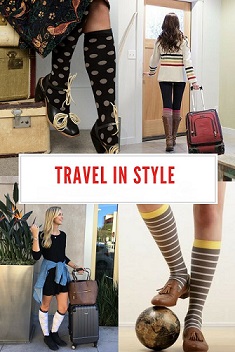 collage of people getting ready to travel wearing knee high compression socks