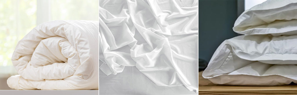 A photo collage of a rolled up duvet, a duvet cover, and a conventional comforter.