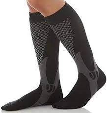 picture of black and white compression socks.