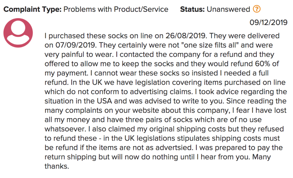 Review about one-size fits all problems with the compression socks. Talking about the company not refunding the return shipping or original sock purchase.