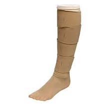 Beige prescribed 40-50mmHg compression socks worn on an individual. Shown as a thick sock, knee height.