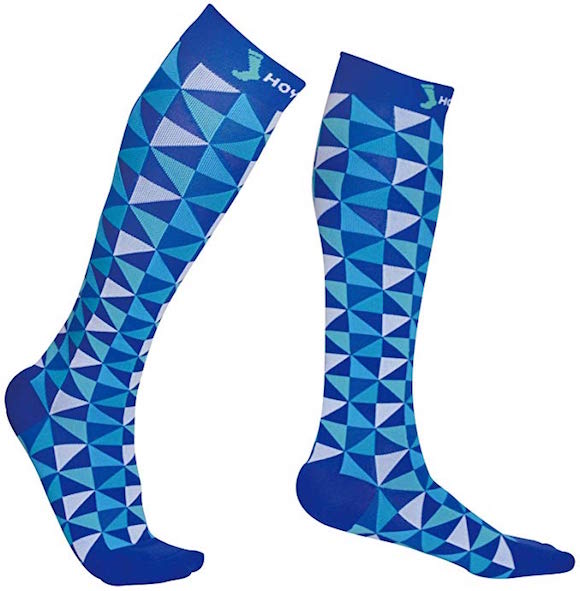 A pair of blue compression socks for men of 20-30 mmHg in funky patterns