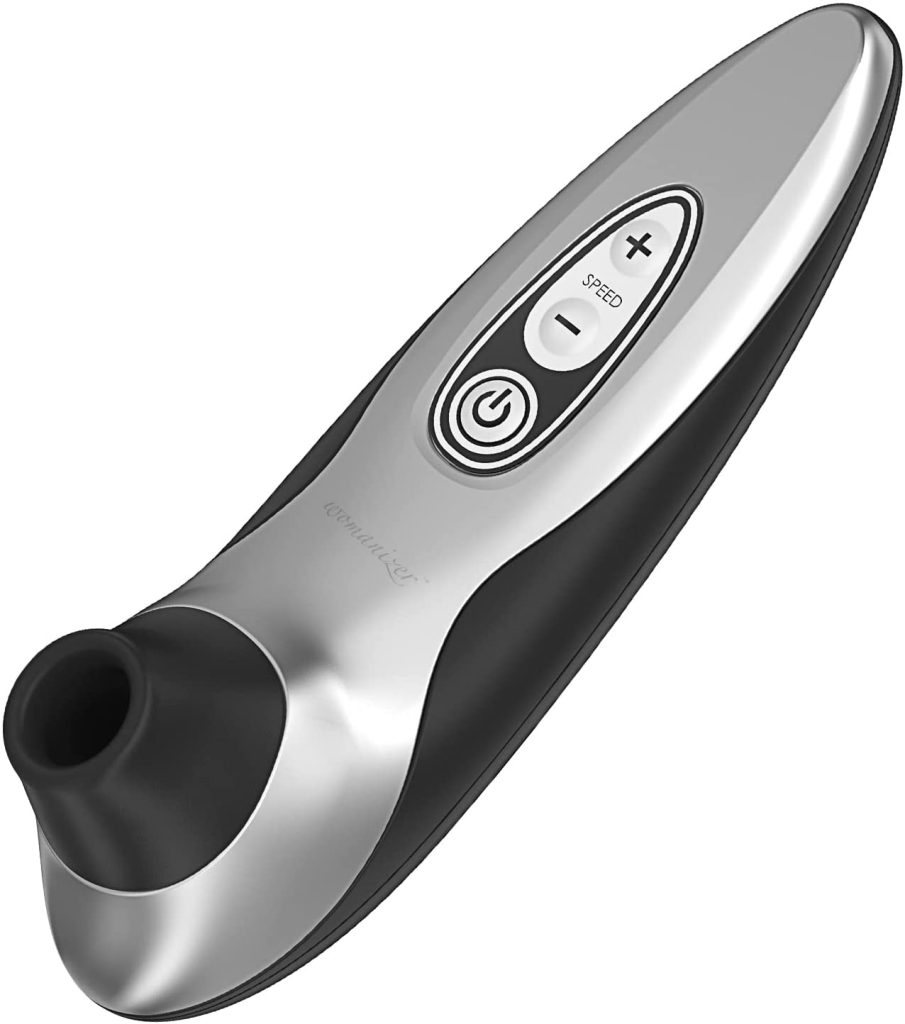 Picture of a womanizer sex toy. This is a waterproof suction vibrator sex toy that uses a closed chamber to pump air around the clitoris to produce orgasm. This is the same design as the original toy rose.