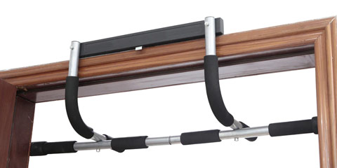 This image is of a door frame mount in which the pull up bar suspends above the doorway.
