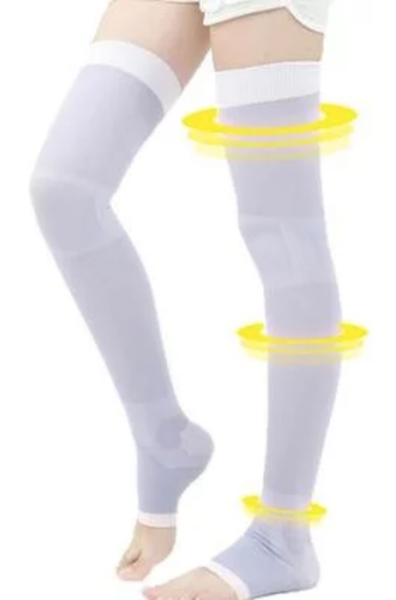 Legs wearing light purple compression socks