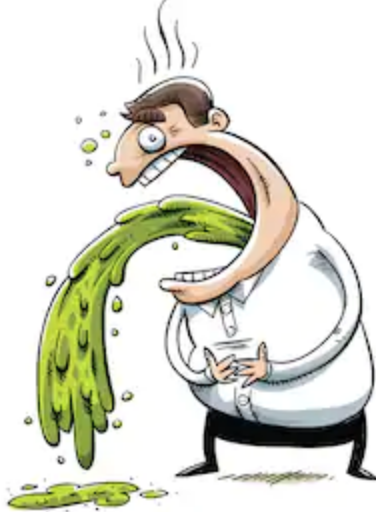 Cartoon graphic of a man puking green vomit