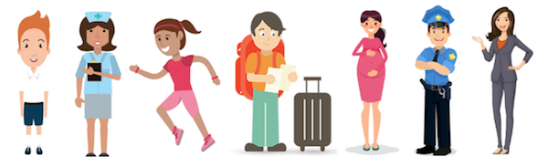 Graphic image of student, nurse, athlete, teacher, office worker, traveller, pregnant woman, policeman