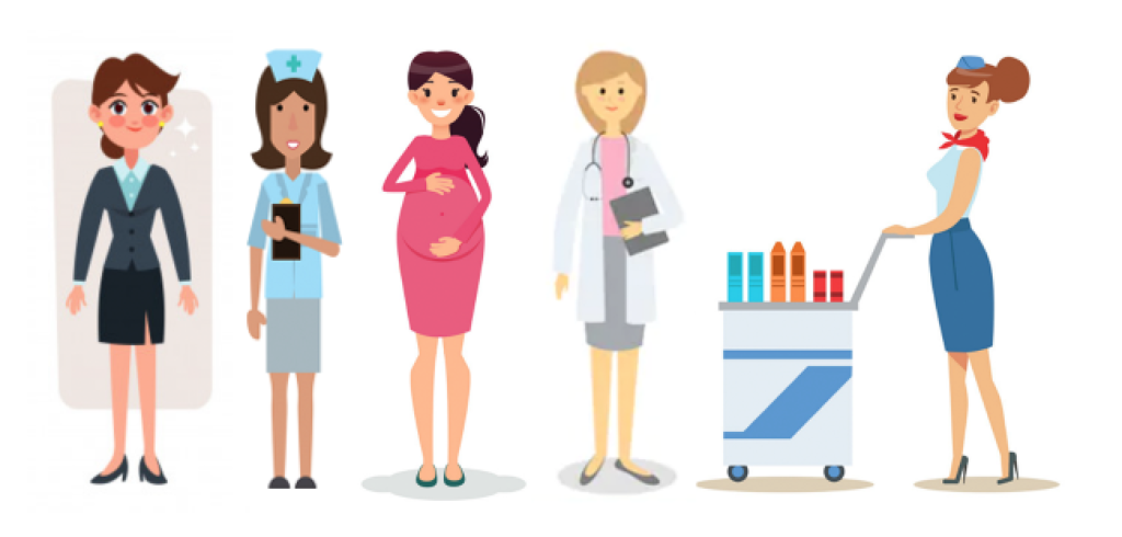 Graphic of Office lady, nurse, pregnant woman, doctor and flight attendant