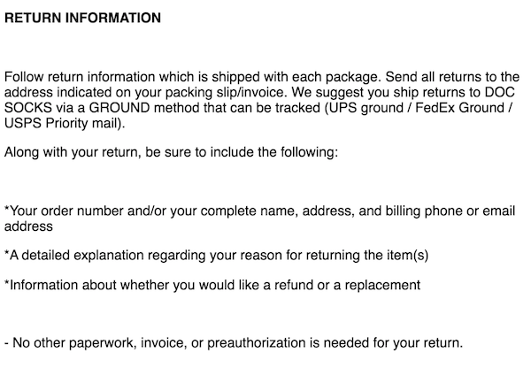 Return and refund information from DocSocks. They claim to refund your money, with several exceptions below that.