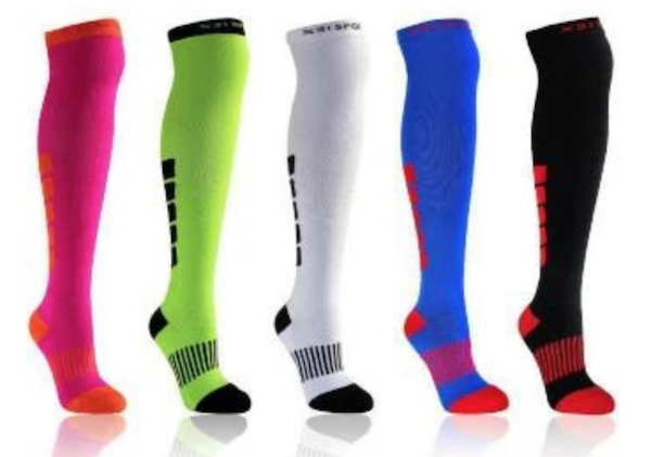 Above the knee compression socks in different bright colors with low pressure level for men and women