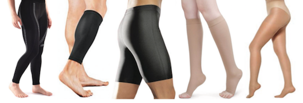 Variations of compression legwear including compression socks, compression stockings, compression tights/leggings, compression shorts and compression leg sleeves