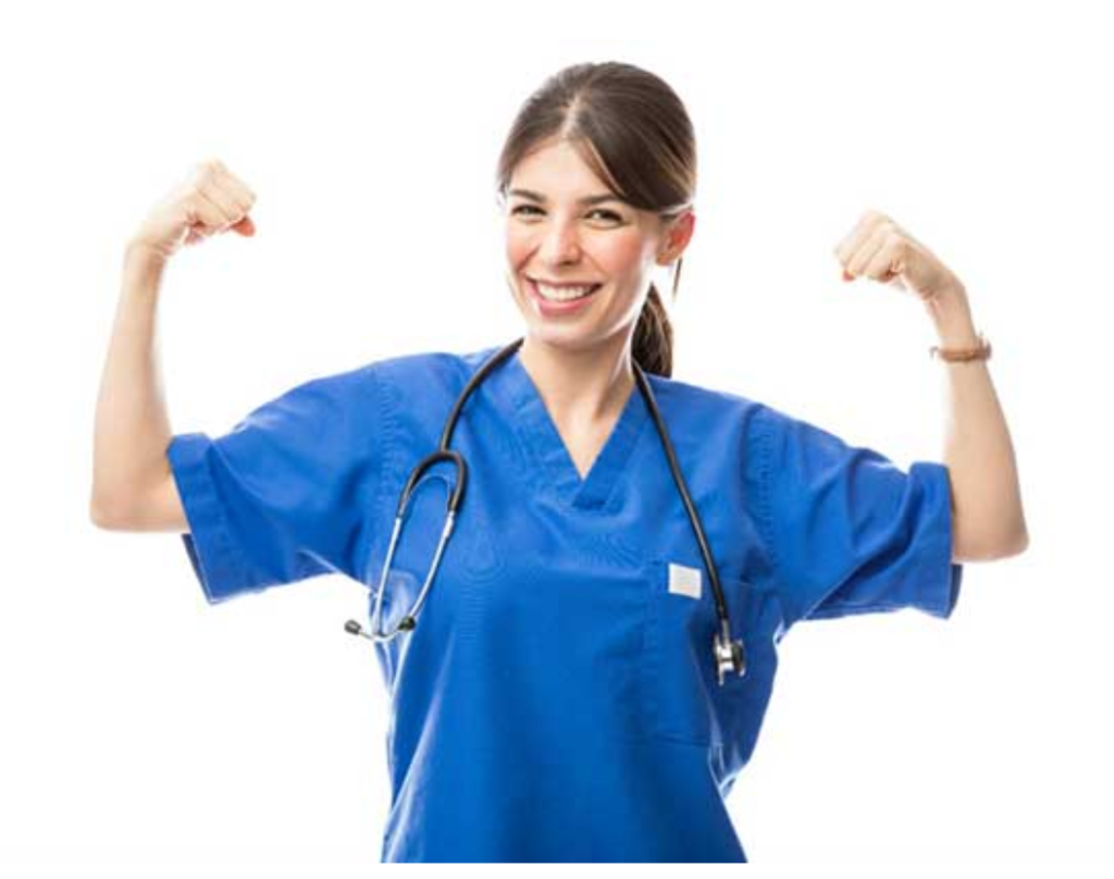 A nurse in scrubs with stethoscope hanging in the neck