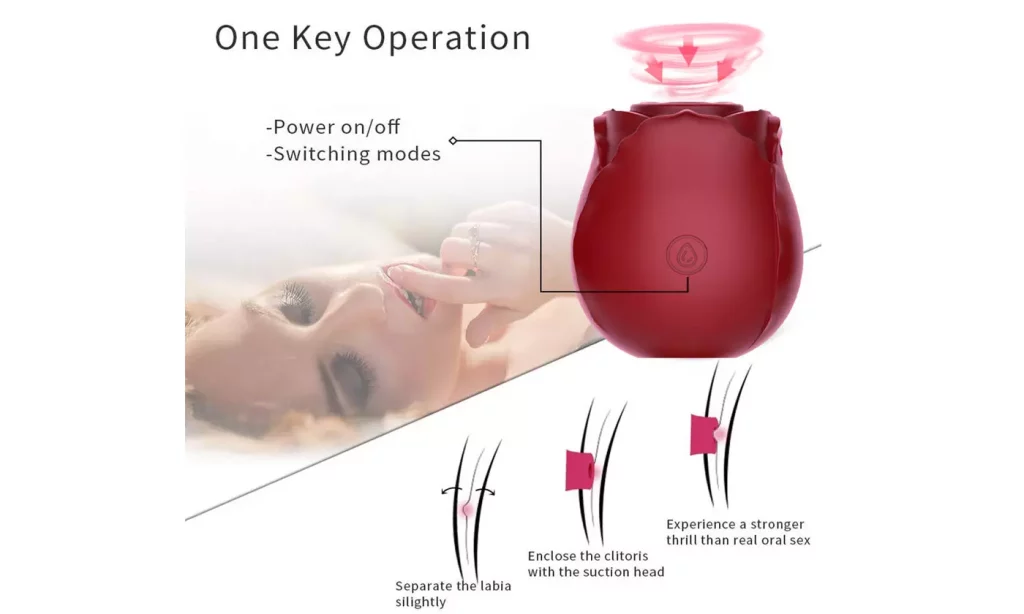 The red rose sex toy has a single power button shown in this picture. The rose power button operates all features including vibrating and suction with one press. There are usually multiple speeds for a better experience before orgasm.
