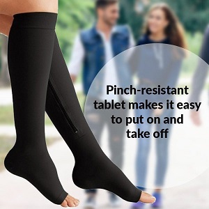 people wearing knee high open 
 toe zipped compression socks walking in park