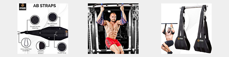 There are three separate images. On the left is an image of an ab strap which can be used for pull ups.
In the center is a person using two ab straps, with one on each arm, each tied to a suspended metal bar.
On the right is an enlarged image of two ab straps tied to a metal bar, with a person using them as demonstration.