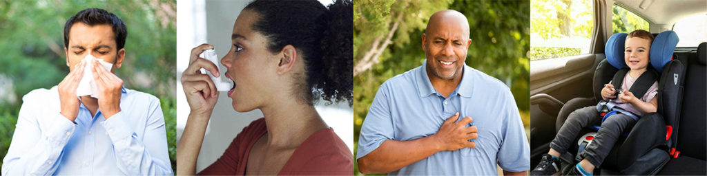 Picture of 4 people. From left to right a man sneezing, a woman with an inhaler, a man clutching his chest, and a child in a car seat. All these people are use cases for vehicle air purifiers. A proper car air purifier will filter out allergens, odors, bacteria, pollen, pet dander, airborne debris, asthma triggers, particles that cause allergies, viruses, dust, smell, grime causing smoke, airborne contaminants, paint, outdoor pollutants and particulates, and smoke. There is some evidence use of air purifiers can decrease the likelihood of cardiovascular disease later in life. This evidence for air purifiers is limited and not conclusive.