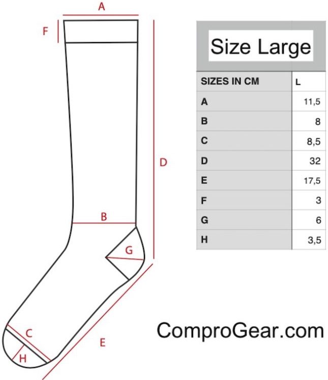 ComproGear Compression Socks Advanced Sizing Chart for Sock Size Large
