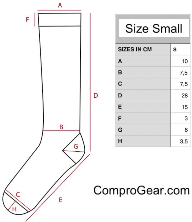 ComproGear Compression Socks Advanced Sizing Chart for Sock Size Small