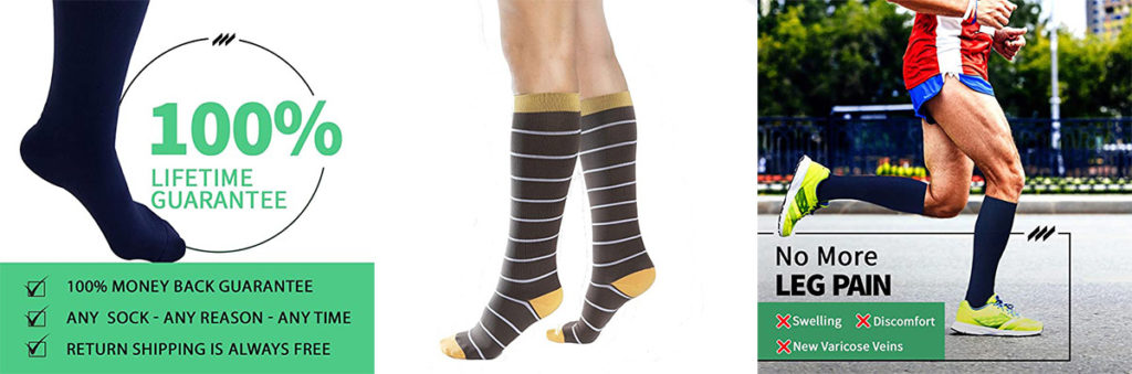 Comprogear compression gear in black, stripes/brown, man running with compression socks on