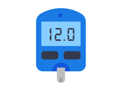 cartoon illustration of a glucose meter showing the number 12.0 for the blood sugar reading