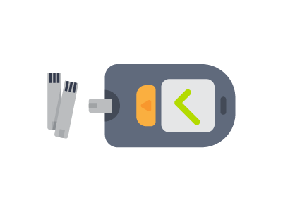 an illustration of a blood sugar monitor and two pieces of testing strips on the side and another one inserted into the monitor