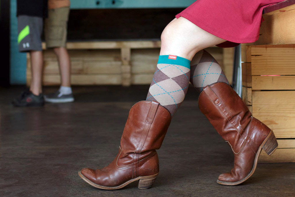 fashionable flight socks worn with brown leather boots