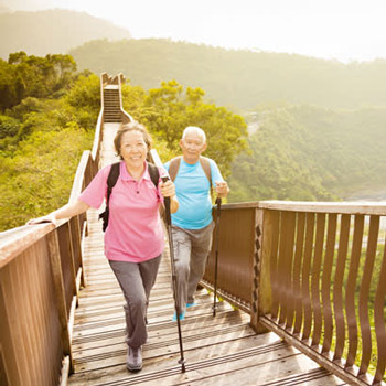 A senior couple walking on the bridge