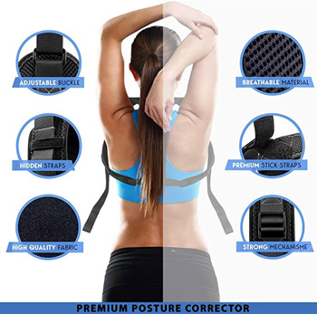 a woman wears a back brace with the inset photos showing some of the qualities needed for a good device