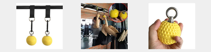 The image on the right hand side shows two yellow power grip balls dangling from a horizontal bar.  The image in the middle shows a person gripping onto two yellow power grip balls whilst performing a bent leg raise.  The image on the right hand side is a single yellow power grip ball in a person's hand.