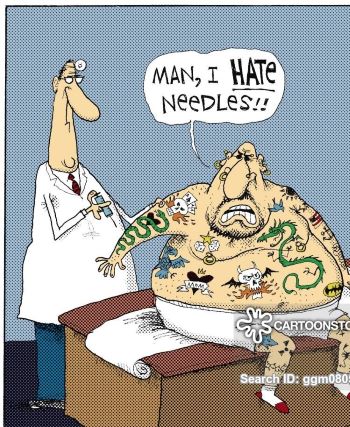 cartoon man with tattoos not liking needles