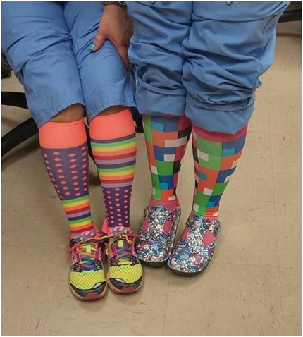 Nurses wearing colorful high compression socks
