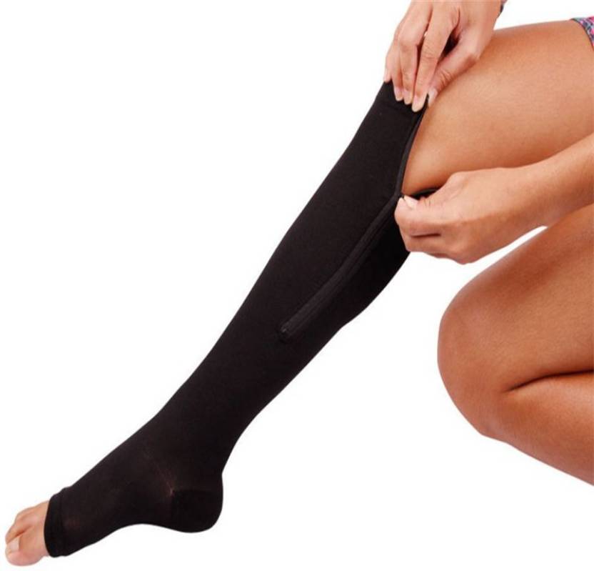 Black compression hosiery with side zippers