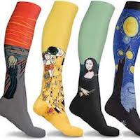 Four compression socks featuring different artworks including the Mona Lisa.