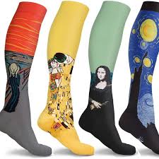 A variety of compression socks picturing several different works of art like the Mona Lisa.