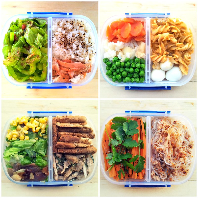 This set of 4 bento boxes show 4 typical meals consumed by the average Japanese every day . This perhaps shows what an office worker's lunch bento would look like. Despite its ordinariness, each box contains a balance meal of greens, proteins, and grains, which is the Japanese's version of a healthy meal.