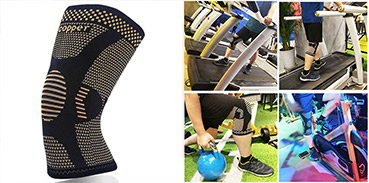 Copper knee sleeves and Man on a treadmill, cycling, lifting kettle bell