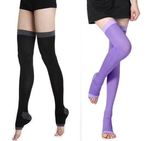 image showing black and purple leg compression stockings 