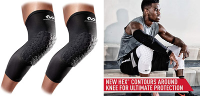 Black McDavid knee sleeves, Man relaxing after workout with knee sleeves on