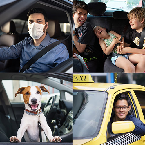 4 images. From top left moving clockwise, a man driving with a face mask air purifier, 3 children in the backseat of a car, a taxi driver, and a dog in the front seat of a car. All these images show potential use cases for a car air purifier, including Uber and Lyft drivers, commuters, truck drivers, children in cars, pets in cars, and smokers. If using a home air purifier to protect your health is important, a car air purifier is equally important.