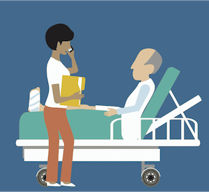 Hospital staff talking to patient in bed