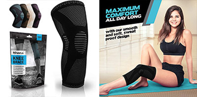 Powerlix knee sleeves, woman in yoga mat with a knee sleeve on