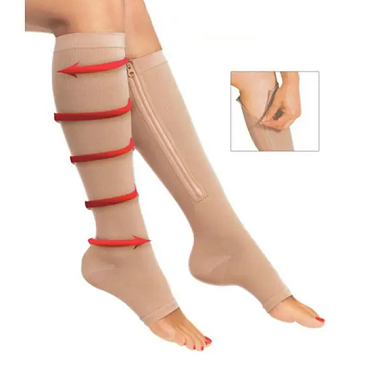 image of person putting on compression socks, regular vs zippered socks, open toe knee high