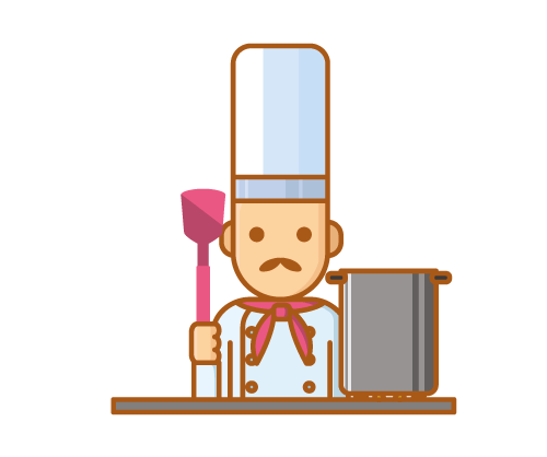 Chef with pot and pink spatula