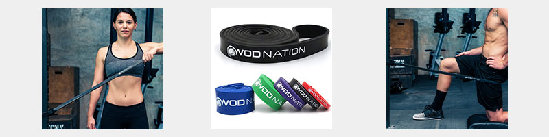 The image on the right hand side is a person in athletic attire who is standing whilst holding a straight rod with their left hand.

The image in the middle is of five assist bands, in various colors, labelled with the brand WOD NATION.

The image on the right hand side is a person using an assist band, in which the assist band is looped around their upper thigh.