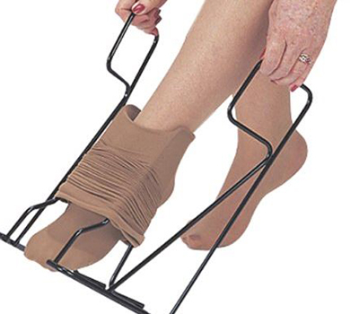 use a socks donner to wear 20 mmHg to 30 mmHg knee high or thigh high hosiery