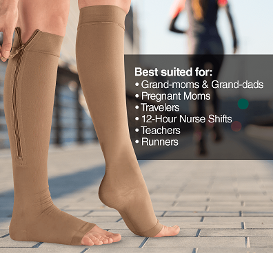 brown knee high compression socks with zip and open toe